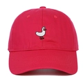 Close-up of white swan embroidery on a red cotton twill baseball cap with stitching detail - Adjustable / Rose Red