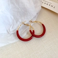 Detail view of retro red and gold hoop earrings on textured beige fabric background - 24mm Patchwork Hoop Style (28#)