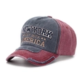Detail of distressed canvas baseball cap with New York 3D embroidery and vintage patchwork - One Size (56-60cm) / Dark Gray and Dark Red (E)