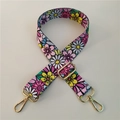 Macro view of adjustable floral wide bag strap with gold metal hooks and daisy pattern - Hand-painted Daisy (Gold Buckle)