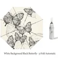 Three-fold automatic umbrella with black butterfly print on off-white fabric - Automatic 3-Fold Light Butterfly - Silver Coating