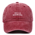 Close-up of vintage washed cotton baseball cap with Hello Wddkend embroidery detail - Burgundy