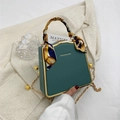 Elegant dark green box handbag with gold trim and silk scarf handle on chain strap - Dark Green