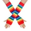 Close-up of rainbow striped long fingerless knitted gloves shown in an X-shaped pose - Rainbow Red Pattern 5