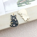 Black cat enamel charm for jewelry making with gold stars and pink heart patterns - Black Star Cat 12.5x20mm
