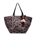 Borsa tote con stampa leopardata, manici neri e ciondolo a forma di topo peluche - caffè