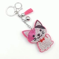 Pink cartoon cat crystal keychain with sparkling rhinestones, pink tassel and bell - Rose Red