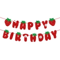 Pancarta Happy Birthday de fresa roja brillante con hojas verdes para fiestas - Pancarta de Happy Birthday