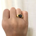 18K gold plated titanium ring with black oval gemstone and textured spiral band - US 6 / Black Zircon
