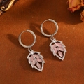 Detail of silver leaf hoop earrings with pink gemstones and zircon accents on a rustic base - Silver Pink Stone Leaf Hoop Earrings