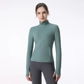Women's slim fit stand collar sports jacket in moss green with functional thumbholes - S / Spruce Green