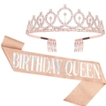 Roségold Geburtstagskönigin Set mit funkelndem Strass-Diadem und Glitzer-Schärpe-Deko - Set 13 (Roségold Birthday Queen)