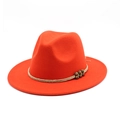 Close-up of a red wool fedora featuring a beige woven rope band with vintage metal beads - Orange Red