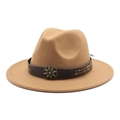 Detail of camel wool fedora hat with brown leather band and floral metal buckle - Khaki