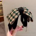 Green and beige houndstooth tweed bow banana clip with black ribbon details - Green Houndstooth Bow