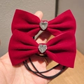 Pair of red velvet bow hair ties featuring sparkling heart-shaped rhinestone centers - Bow Hair Ties - Pair / Red (Heart Rhinestone)