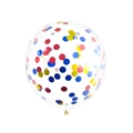 12-inch transparent latex balloon with colorful red, blue, and yellow confetti pieces - Red Blue Yellow Sequins