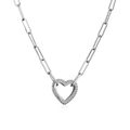Collana a catena paperclip argento con ciondolo a moschettone a cuore in zirconi - Lunghezza catena 40cm / Platino Zircone Bianco
