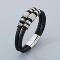 Double-layer black braided leather bracelet with silver metal beads and magnetic clasp - Style A Steel Color (KB179970-YA)