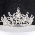 Vintage silver baroque bridal crown with crystals and pearls on a round white base - Handmade V-shape Silver Crown