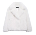 Detailed texture of white faux fur coat featuring wide lapel and soft plush fibers - XS / White