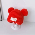 Red knit baby winter hat with double pom poms and soft lining for cold protection - One Size / Korean Text Double Pom / Red