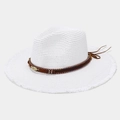 White bohemian straw sun hat with ethnic feather trim and stylish frayed edges - M (56-58cm) / White