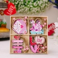 Pink wooden Valentine's Day ornaments set in a 4-compartment box with heart patterns - Style C (Date/Signpost/Letters) / Set of 12