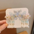Kids Chinese style hair clips with iridescent butterfly and pearl tassels in pink - One Pair / 3# Blue Butterfly Flower