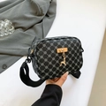 Black monogram camera crossbody bag with golden deer charm and wide fabric strap - Black