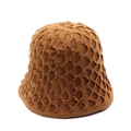 Detailed macro view of heavy-duty crochet knit texture on this caramel sun hat for women - Fish Scale Crochet Style / Dark Khaki