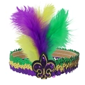 Mardi Gras feather headband with purple green and gold sequins and fleur-de-lis emblem - One Size / Fleur-de-lis Badge Style