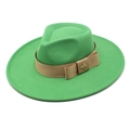 Close-up of a bright green wool fedora hat featuring a metal bee icon and khaki ribbon - M (56-58cm) / Grass Green