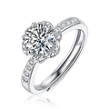 Adjustable silver ring featuring a classic six-prong moissanite stone in a floral halo design - Adjustable Open / Flower Halo Style (R9206-6.5mm/1 Carat)