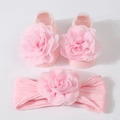 Pink baby socks and headband set with large floral layers in soft cotton jacquard - 3-Piece Set (Headband + Socks) / Light Pink
