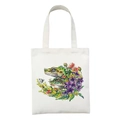 White canvas tote bag featuring realistic frog and colorful floral illustration print - Frog Surrounded by Flowers Illustration Style (STD27-X)
