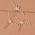 Three gold U-shaped hair pins with white pearls and rhinestones on brown felt - Set of 3 KC Gold Copper Wire