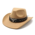 Detail of camel wool cowboy hat with black leather band and silver bull head ornament - M (56-58cm) / Camel