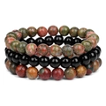 Three-piece set of 8mm natural stone beaded bracelets in pink green and black agate - Unakite and Red Turquoise (FK1205)