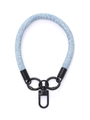 Close-up of blue denim wrist strap with black metal rings and swivel snap hook clasp - Ocean Blue