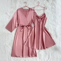 Conjunto de satén rosa con bata larga y camisón de tirantes con textura de seda suave - 1XL / Rosa