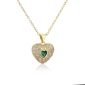 Detail of gold heart necklace featuring pavé white stones and green gemstone center - Gold Heart Pave Green Gemstone O-Chain