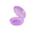 Detail view of a purple translucent round pill box with open lid for storage - QQ Box-4.2x1.5cm / Translucent Purple