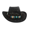 Chapeau de cow-boy noir tissé à la main avec perles ethniques turquoise - Taille unique / Noir (Perles bleues à rayures de riz)