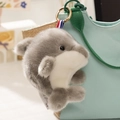 Cute grey and white dolphin plush keychain with a striped ribbon and metal ring - Grey Dolphin