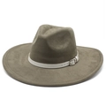 Detail of wide brim fedora hat featuring suede texture and decorative leather band with buckle - M(56-59CM) / Military Green (Suede)