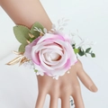 Pink and white gradient artificial rose wrist corsage with golden leaves and greenery - Wrist Corsage / Light Pink