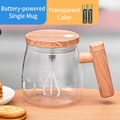 Electric 400ml glass self-stirring coffee mug with wood grain lid and handle, battery model - Wood Grain - Clear White (Battery Model)