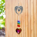 Rainbow heart crystal suncatcher with silver angel wings and memorial paw print pendant - Angel Wings + Purplish Red Heart 30mm