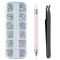 Detailed view of nail art tool kit with acrylic rhinestones, pink picker pen and tweezers - 3-Piece Set (AB + Silver Rhinestones)